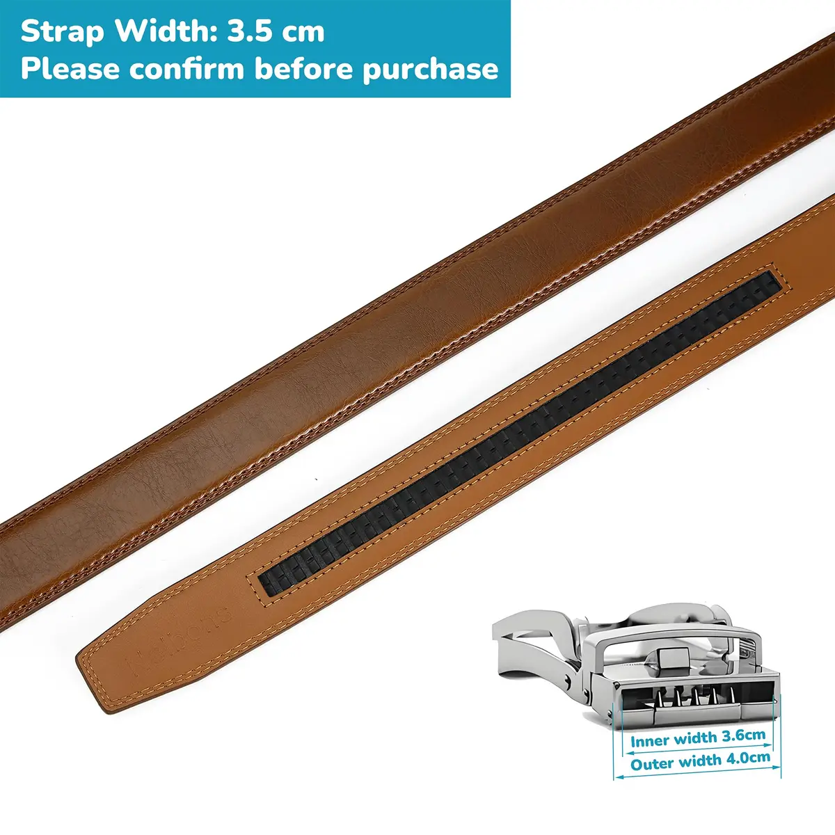 Nelbons Men's Ratchet Belt Strap Only 35mm (1.38") | Brown Genuine Leather, Cut-to-Fit Strap for 40mm Buckles - view 3