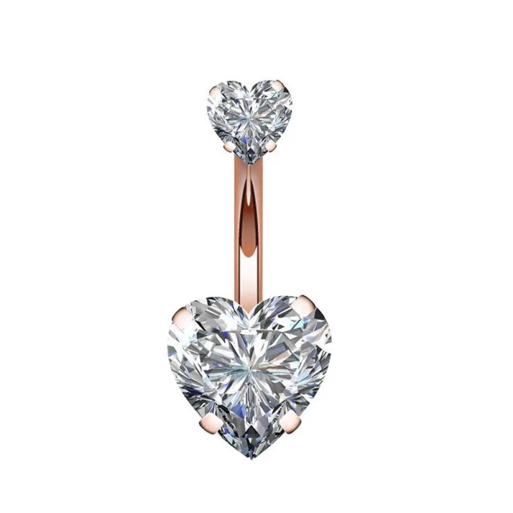 YHMM Belly Button Ring 14G Surgical Steel Double Heart Cubic Zirconia | Rose Gold Tone, Comfortable & Long-lasting (70-120 chars) - main product image