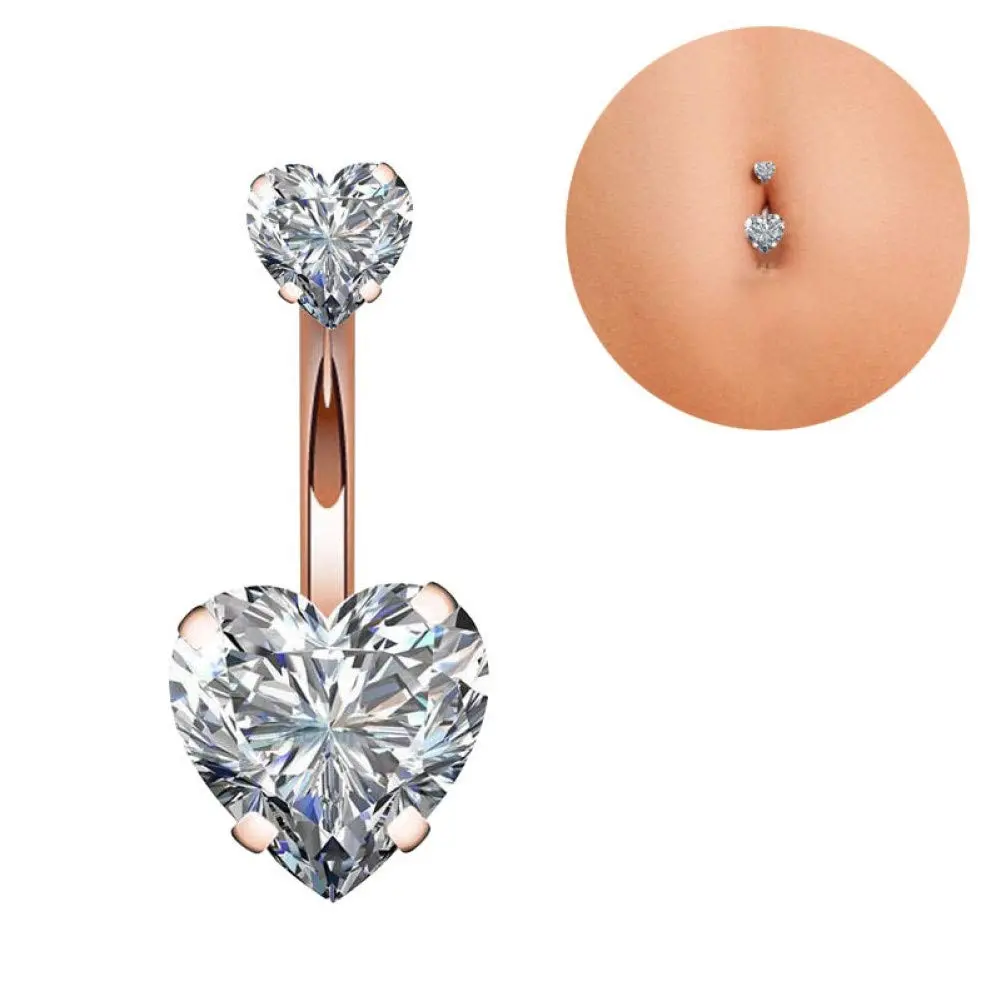 YHMM Belly Button Ring 14G Surgical Steel Double Heart Cubic Zirconia | Rose Gold Tone, Comfortable & Long-lasting (70-120 chars) - view 3