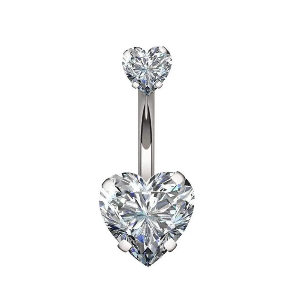 YHMM 14G Surgical Steel Belly Button Ring Double Heart Cubic Zirconia | Silver Tone, 10mm - main product image