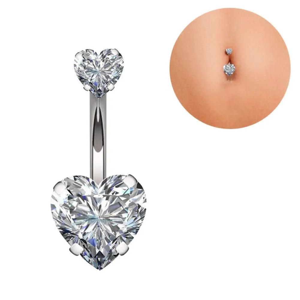 YHMM 14G Surgical Steel Belly Button Ring Double Heart Cubic Zirconia | Silver Tone, 10mm - view 3