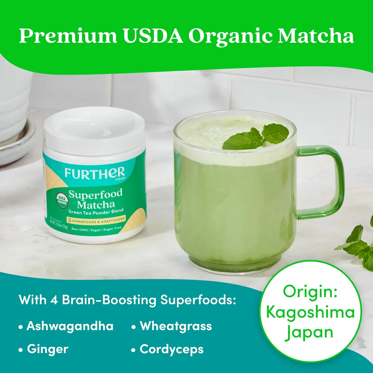Further Food Superfood Matcha Powder, USDA Organic Japanese Matcha | Natural Energy + Focus + Immune Support (2.65 Oz) - view 3