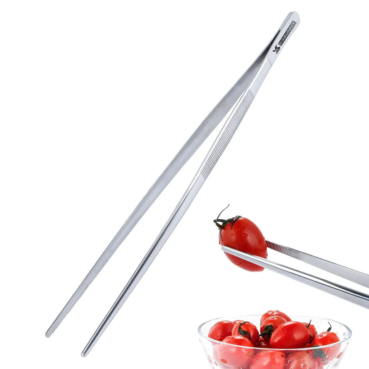 MSY BIGSUNNY Kitchen Food Tweezers in Fine Stainless Steel, 12-inch Long Tweezer with Serrated Tips for Cooking and Serving - main product image