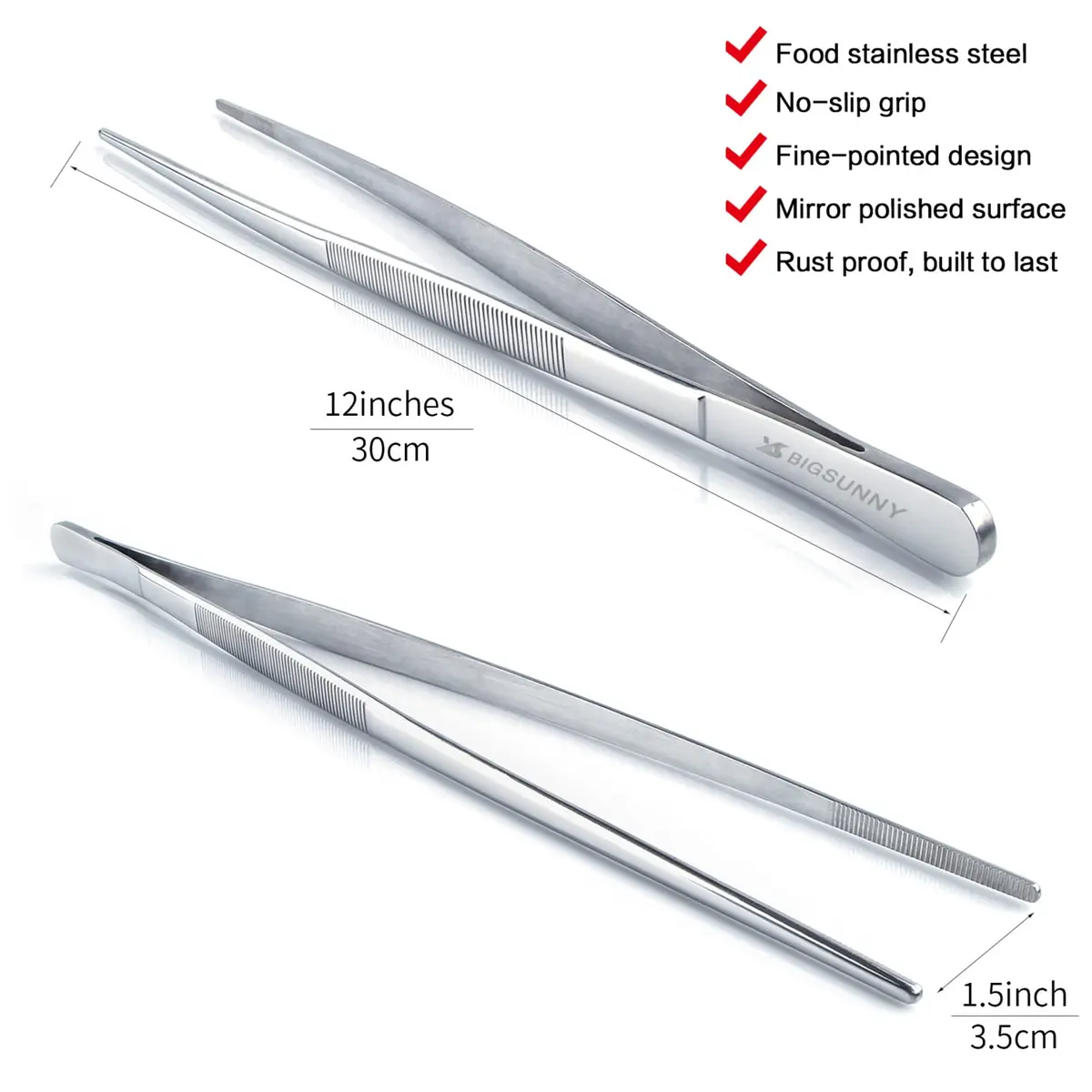 MSY BIGSUNNY Kitchen Food Tweezers in Fine Stainless Steel, 12-inch Long Tweezer with Serrated Tips for Cooking and Serving - view 2