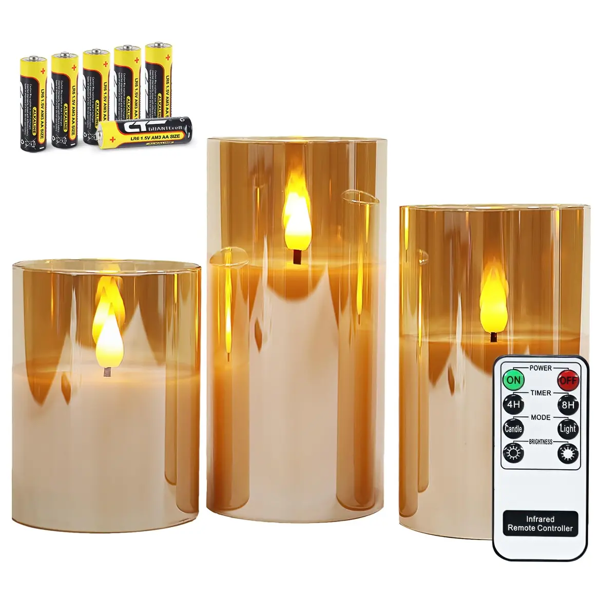 Rhytsing Gold Glass Battery Operated LED Candles with Remote, Warm White Light, Set of 3 (10cm/12.5cm/15cm) - main product image