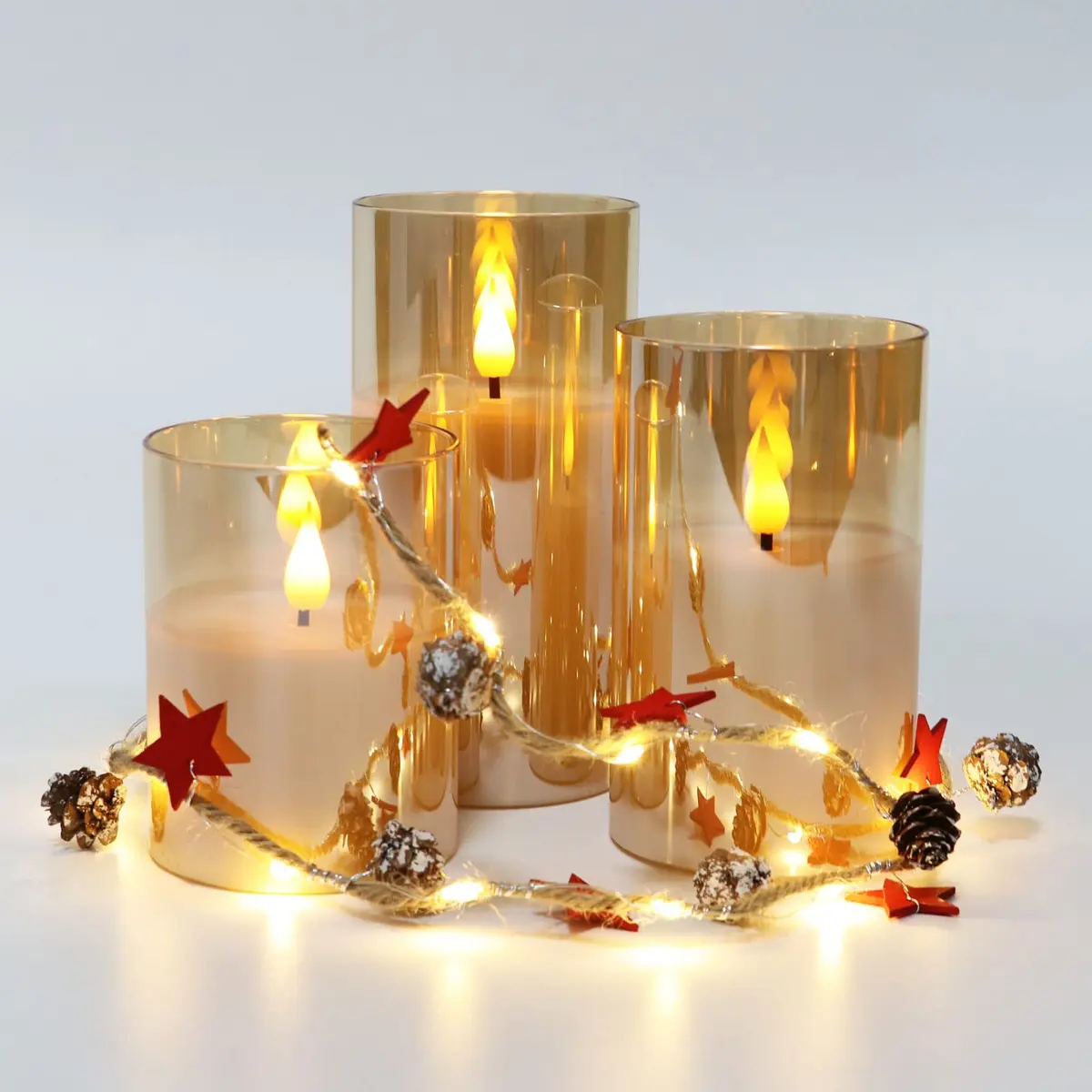 Rhytsing Gold Glass Battery Operated LED Candles with Remote, Warm White Light, Set of 3 (10cm/12.5cm/15cm) - view 8