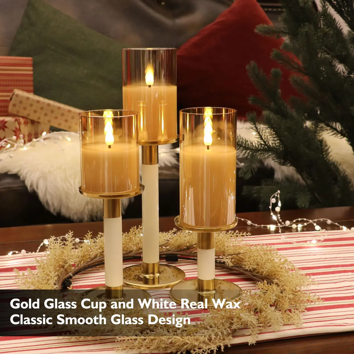 Rhytsing Gold Glass Battery Operated LED Candles with Remote, Warm White Light, Set of 3 (10cm/12.5cm/15cm) - view 2