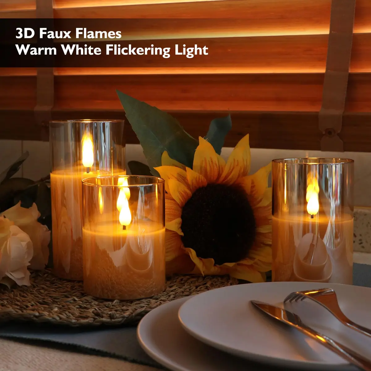 Rhytsing Gold Glass Battery Operated LED Candles with Remote, Warm White Light, Set of 3 (10cm/12.5cm/15cm) - view 3