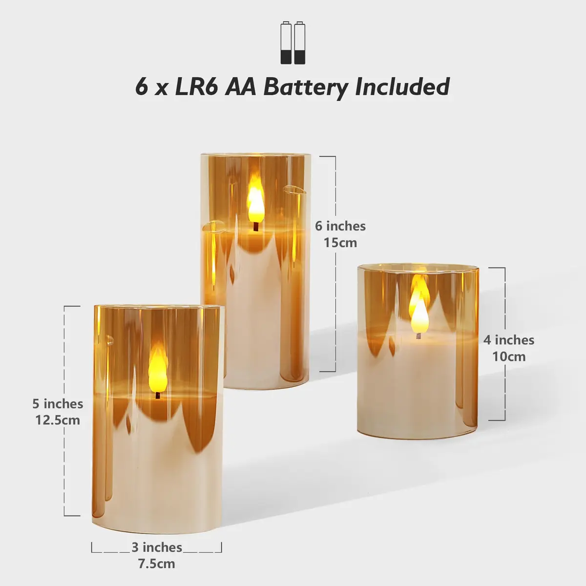 Rhytsing Gold Glass Battery Operated LED Candles with Remote, Warm White Light, Set of 3 (10cm/12.5cm/15cm) - view 4