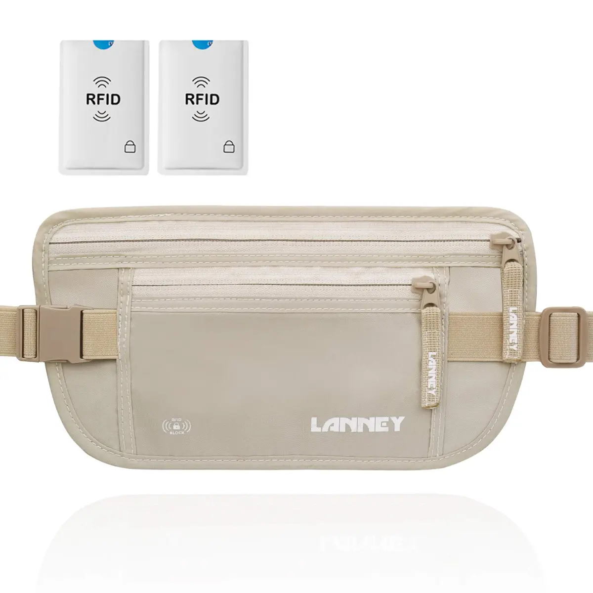 LANNEY RFID Blocking Money Belt Waist Stash Wallet 10.2"x5.5" Cream | Secure Passport Holder for Travel - main product image