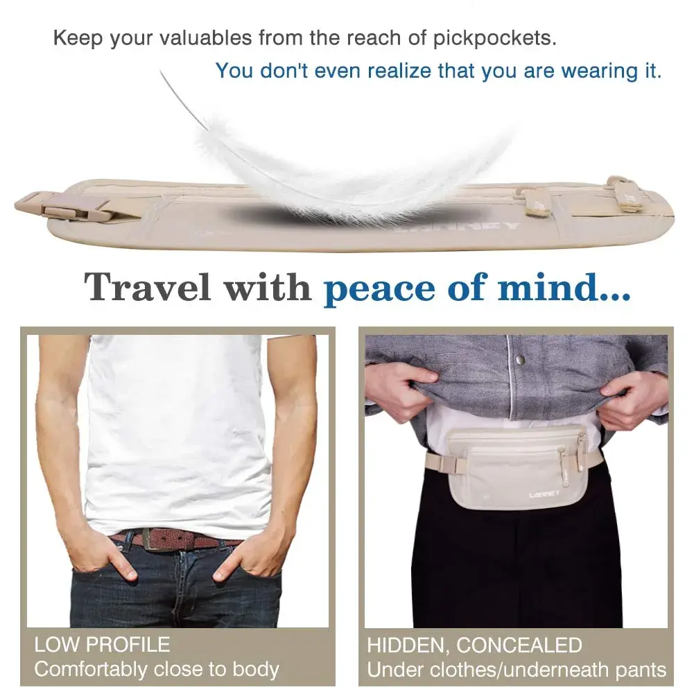 LANNEY RFID Blocking Money Belt Waist Stash Wallet 10.2"x5.5" Cream | Secure Passport Holder for Travel - view 3