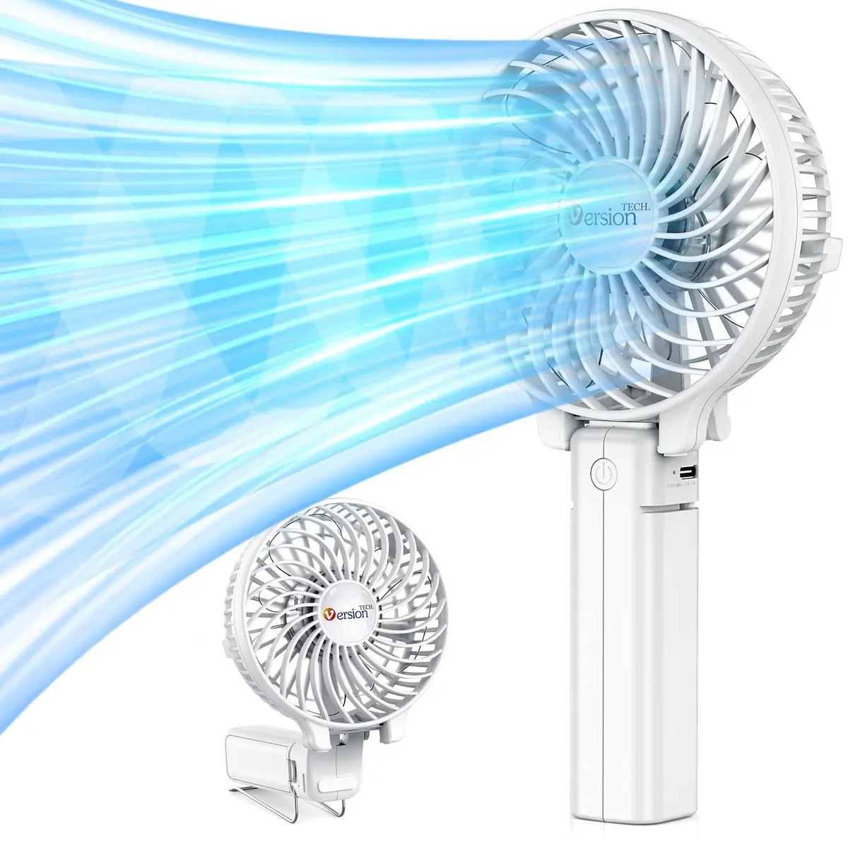 VersionTECH. Portable Handheld Fan White | 3600 RPM USB Rechargeable Mini Table Fan with 4000mAh Battery - main product image