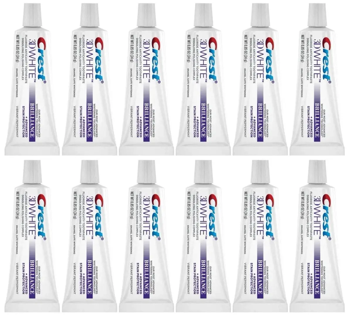 Crest 3D White Brilliance Toothpaste Vibrant Peppermint 24g (0.85 oz) Pack of 12 | Strengthens Enamel & Protects Against Cavities - main product image