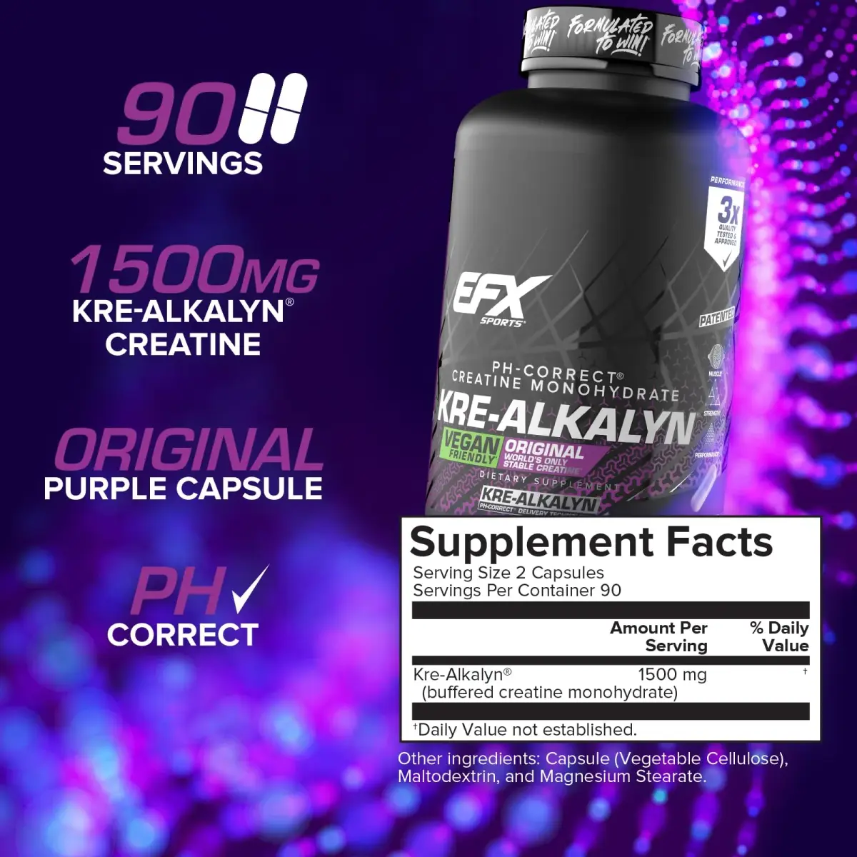 EFX Sports Kre-Alkalyn EFX pH-Correct Creatine Monohydrate Pill Supplement 180 Veggie Capsules | Vegan Friendly Strength & Muscle Growth - view 3
