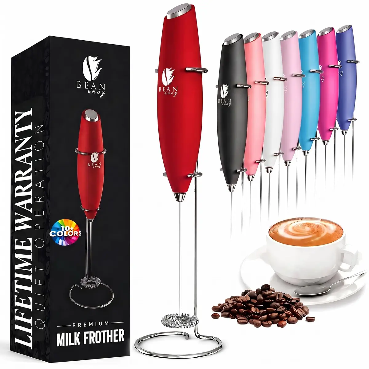 Bean Envy Red Milk Frother Handheld Wand with Stand | Powerful 19,000 RPM Motor for Creamy Foam - main product image