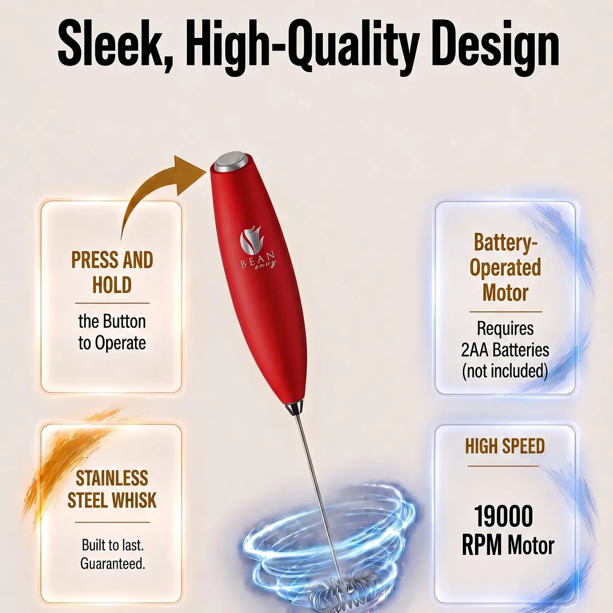 Bean Envy Red Milk Frother Handheld Wand with Stand | Powerful 19,000 RPM Motor for Creamy Foam - view 5