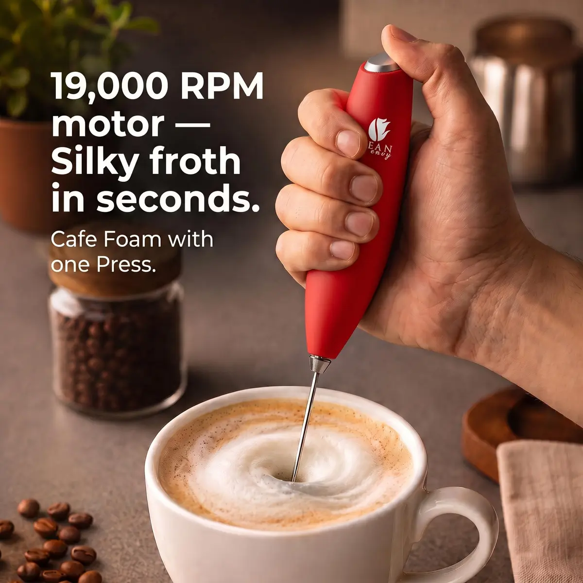 Bean Envy Red Milk Frother Handheld Wand with Stand | Powerful 19,000 RPM Motor for Creamy Foam - view 2