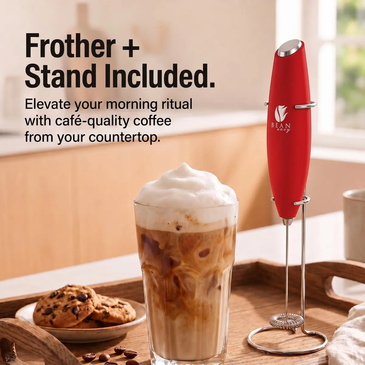 Bean Envy Red Milk Frother Handheld Wand with Stand | Powerful 19,000 RPM Motor for Creamy Foam - view 3