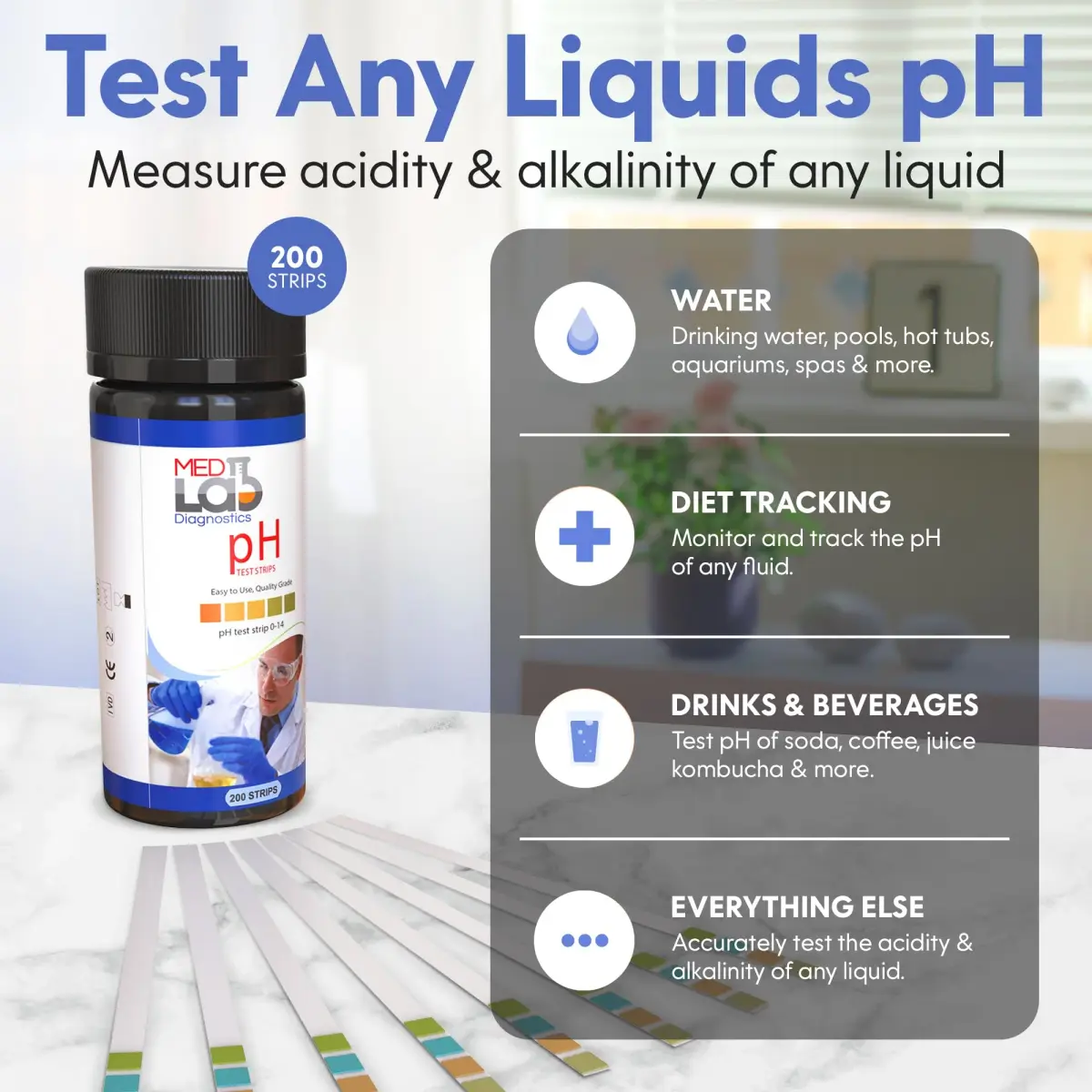 Med Lab Diagnostics Universal pH Test Strips 200 Count | Accurate pH 0-14 for Water, Urine, Saliva - view 3