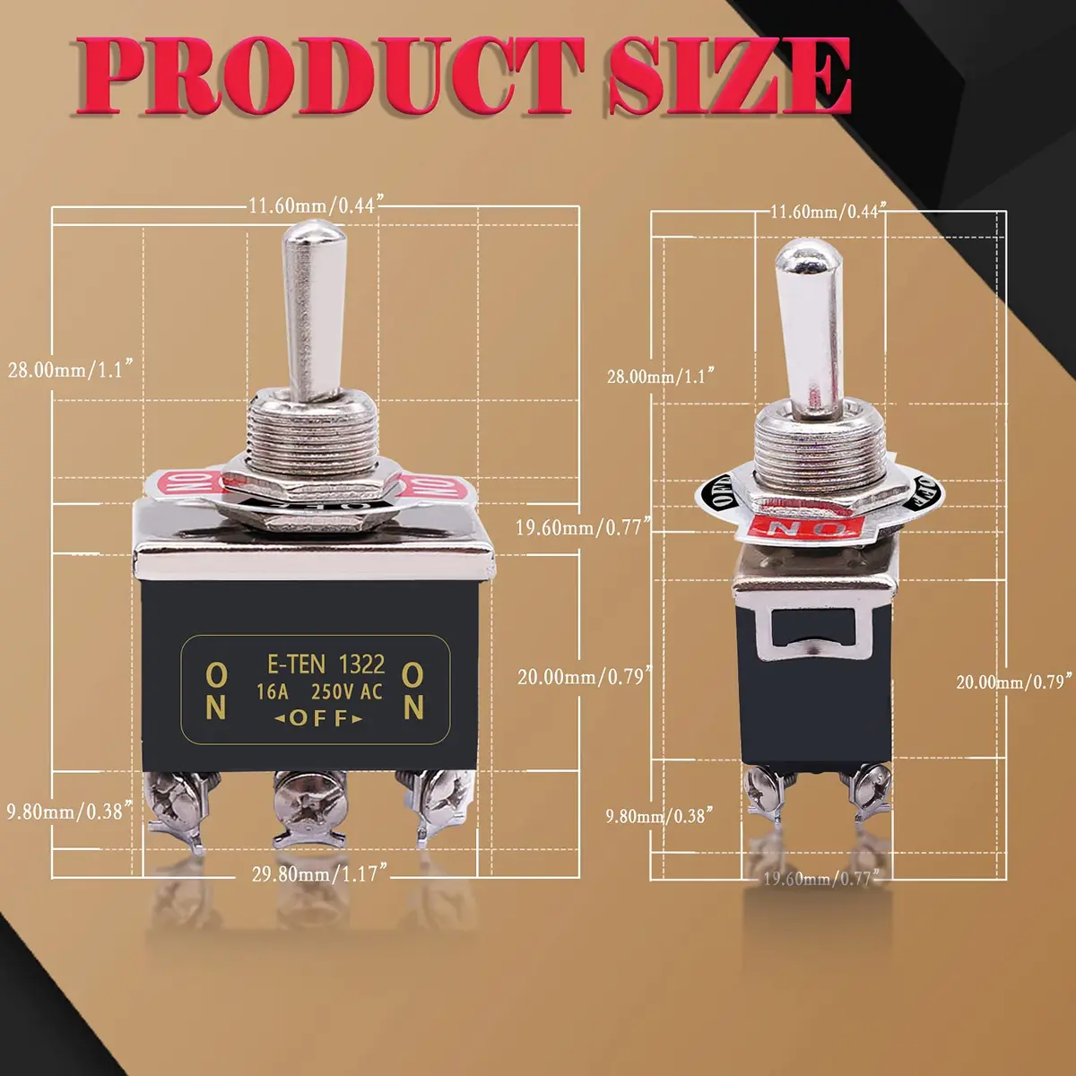 Twidec Heavy Duty Toggle Switch 16A 250V AC | Waterproof Metal Cap (33x20x57mm) - view 5