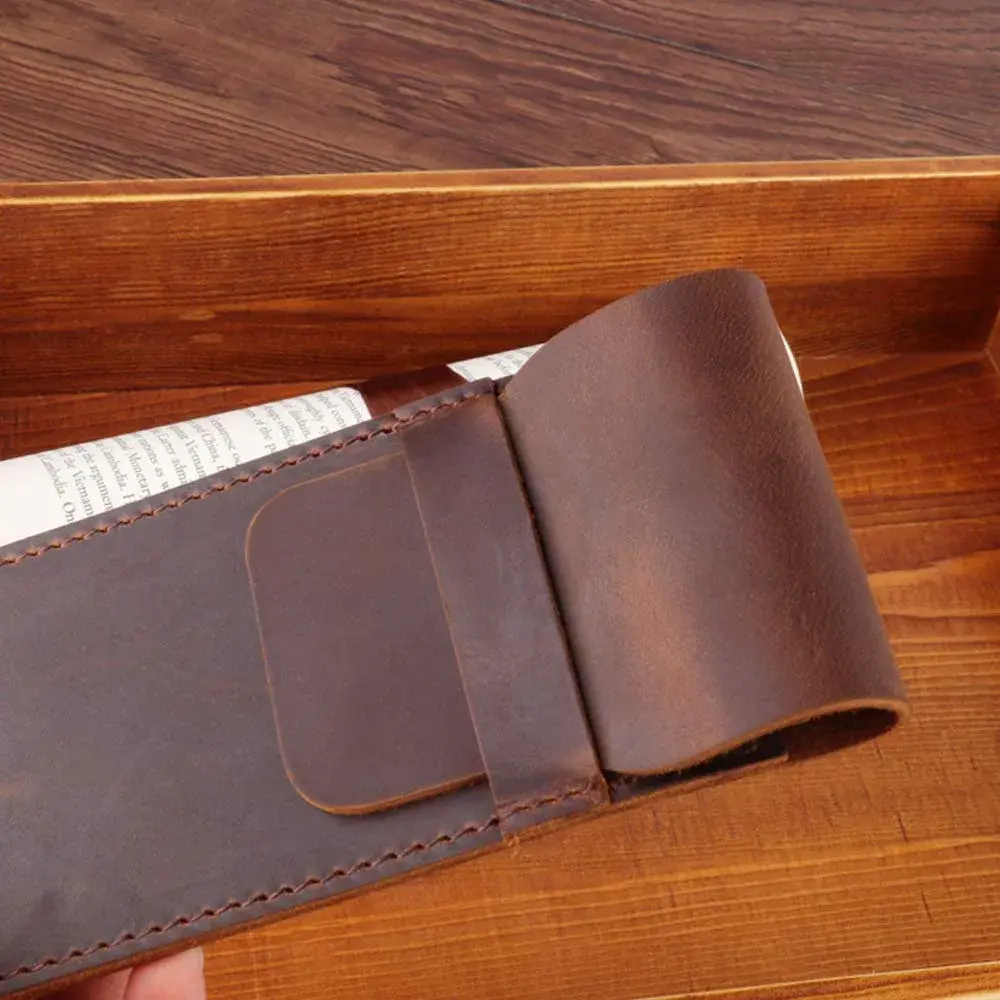 Daimay Handmade Crazy Horse Leather Pen Case Holder with Flap Cover, Brown | 16cm x 7cm - view 7