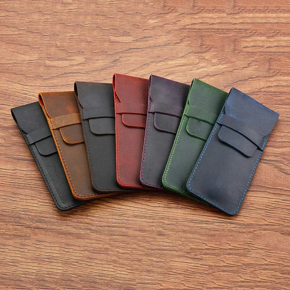 Daimay Handmade Crazy Horse Leather Pen Case Holder with Flap Cover, Brown | 16cm x 7cm - view 8