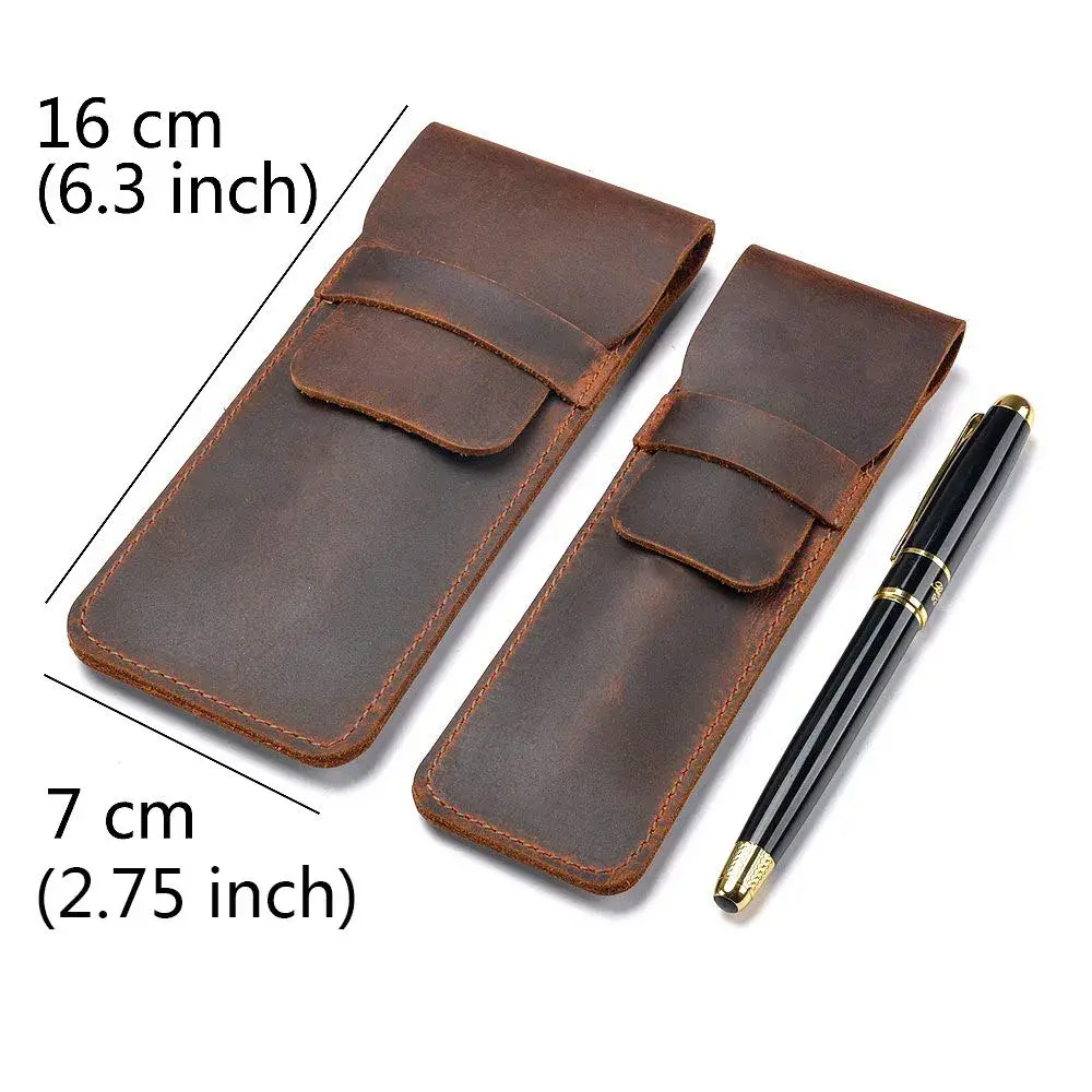 Daimay Handmade Crazy Horse Leather Pen Case Holder with Flap Cover, Brown | 16cm x 7cm - view 2