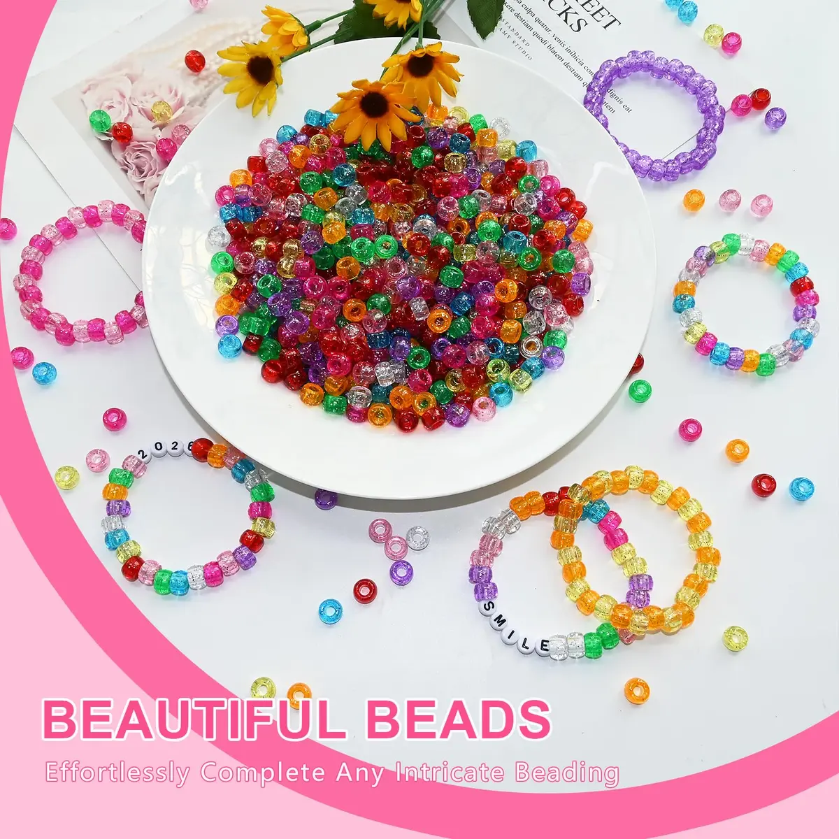 Looconi Glitter Pony Beads 6x9mm 500pcs | Transparent Acrylic for Jewelry & Hair - view 7