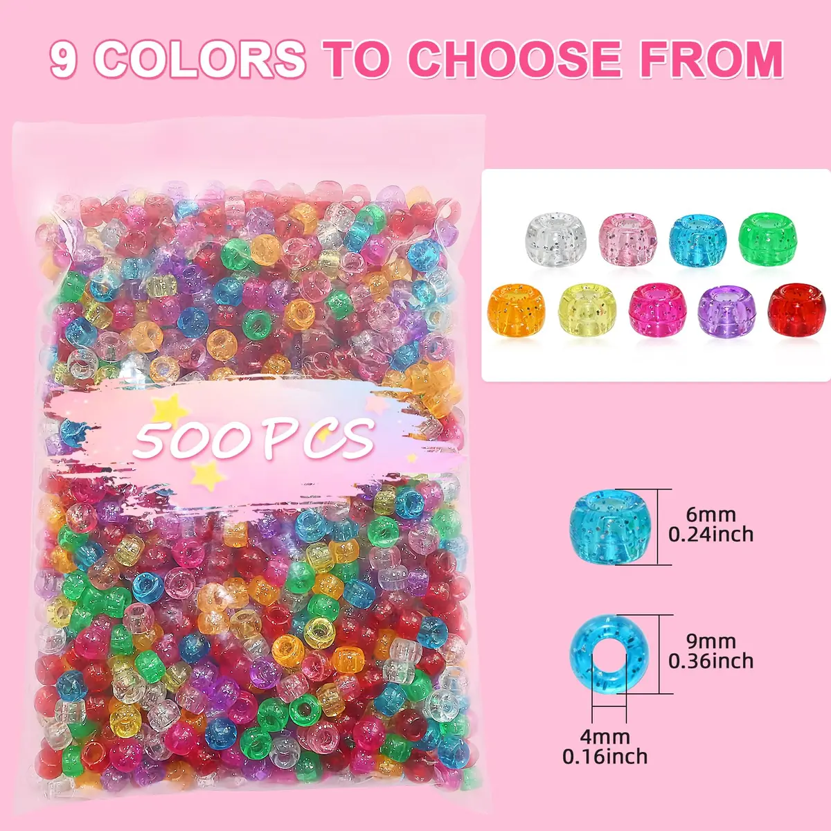Looconi Glitter Pony Beads 6x9mm 500pcs | Transparent Acrylic for Jewelry & Hair - view 2