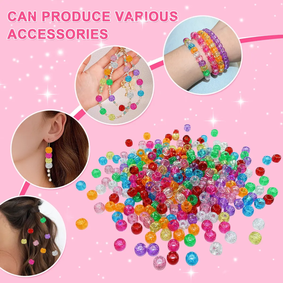 Looconi Glitter Pony Beads 6x9mm 500pcs | Transparent Acrylic for Jewelry & Hair - view 4