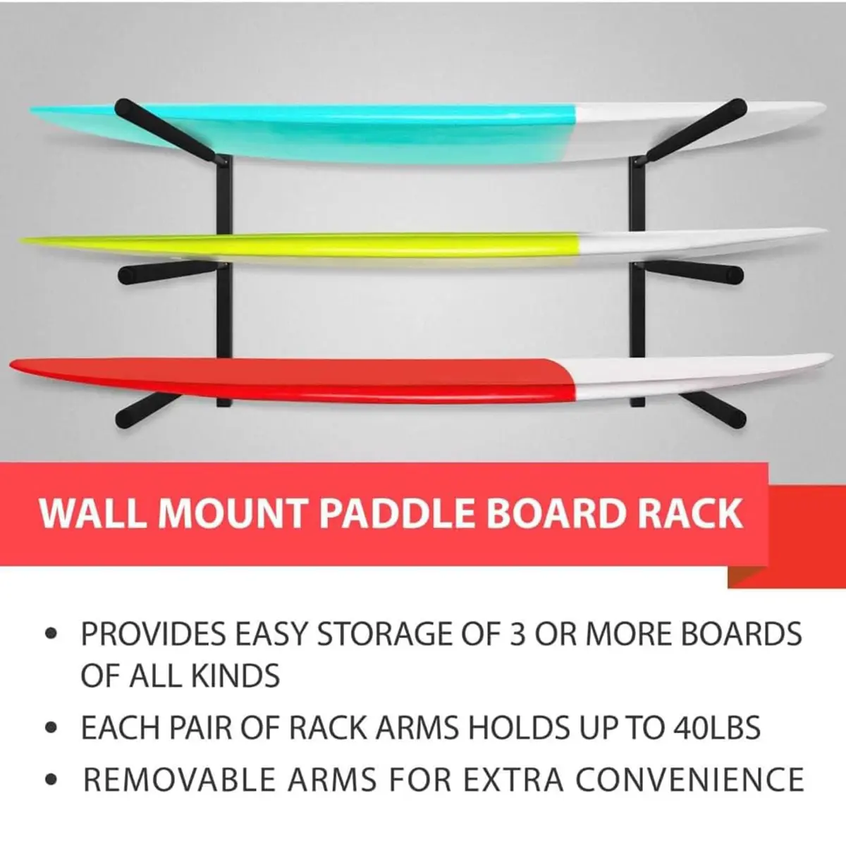 Yes4All Heavy Duty Steel Wall Mount Paddle Board Rack, Store & Display Up to 3 Boards, 34.25" x 5.51" x 3.54" - view 4