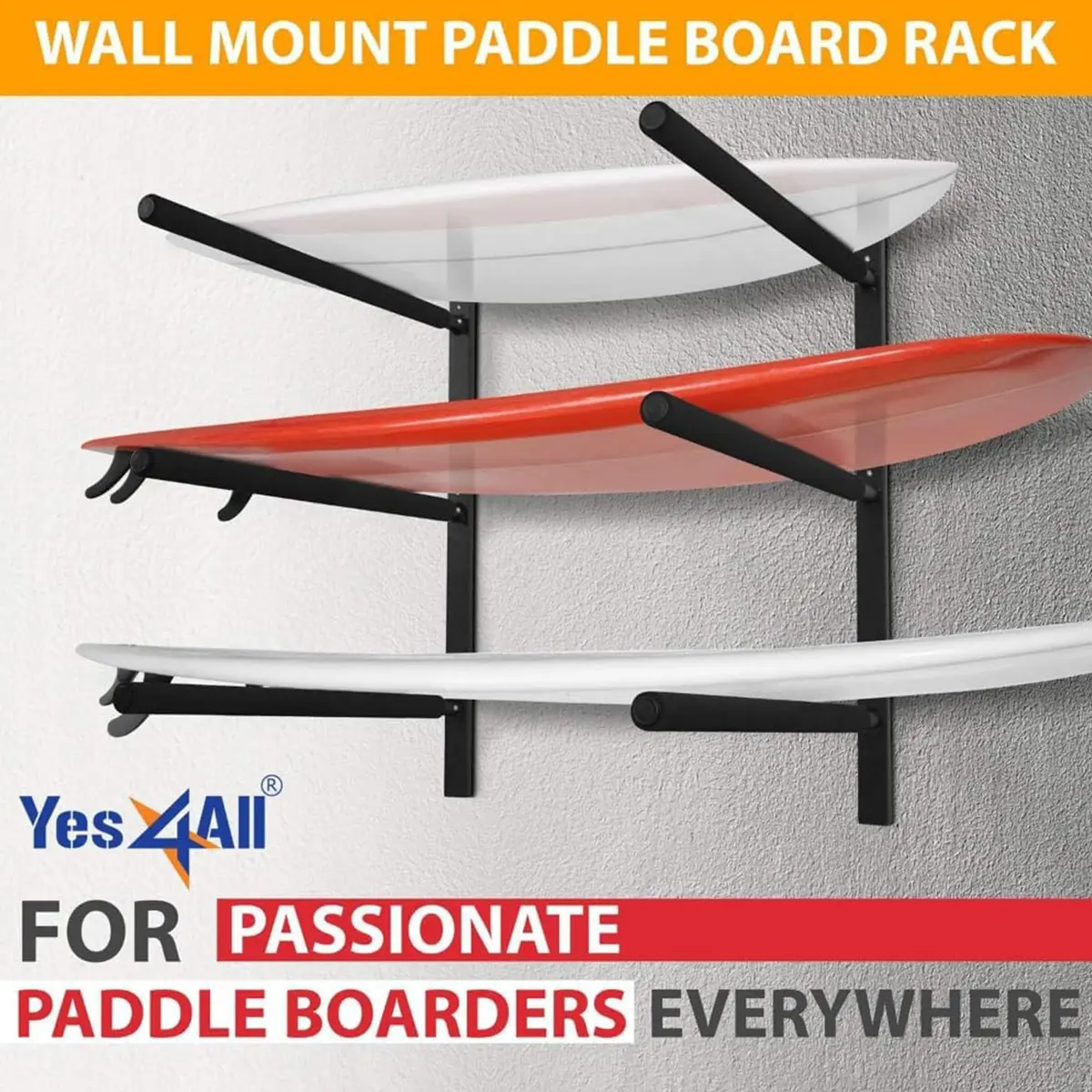 Yes4All Heavy Duty Steel Wall Mount Paddle Board Rack, Store & Display Up to 3 Boards, 34.25" x 5.51" x 3.54" - view 5