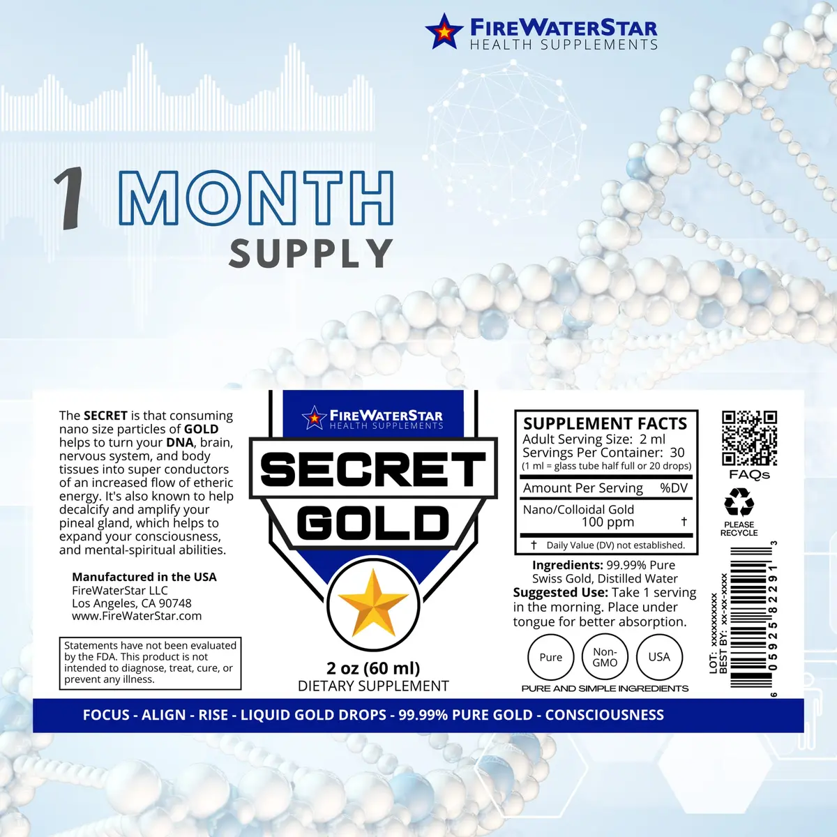 FIREWATERSTAR HEALTH SUPPLEMENTS Colloidal Gold Liquid Drops | Brain Boost, Awareness & Clarity, 2 Fl Oz - view 2