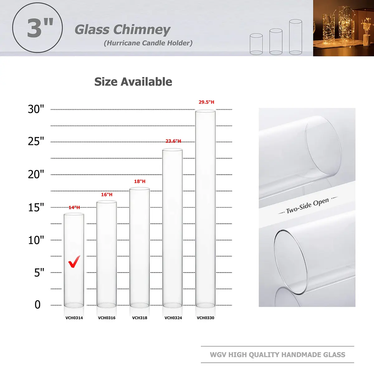 WGVI Hurricane Candle Holder Sleeve, Wide 3" x 14"H | Clear Glass Cylinder, Open Ended, Chimney Tube - view 3