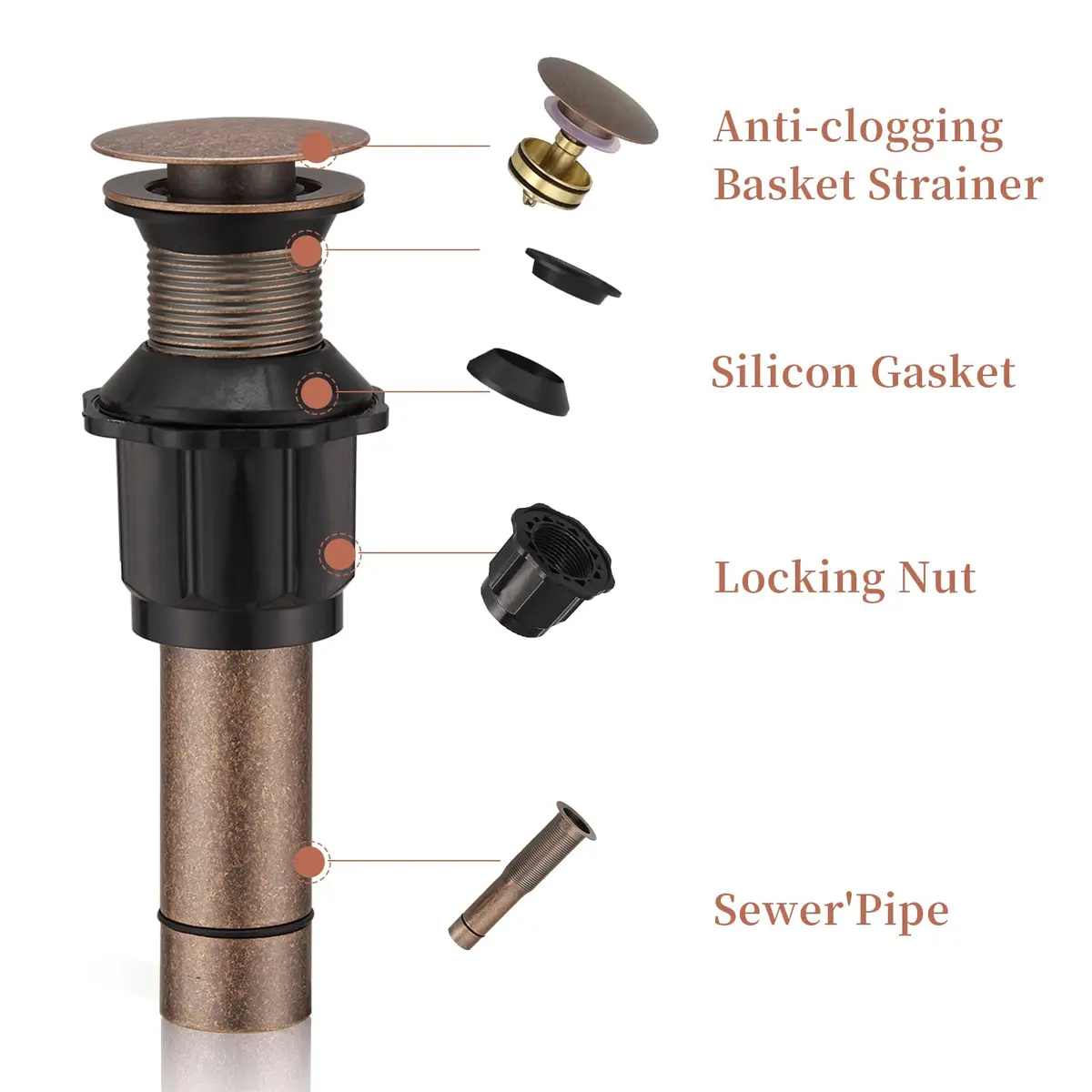 Homevacious 15/8" Bathroom Faucet Vessel Sink Pop Up Drain Assembly Stopper | Copper Finish, Heavy Brass, No Overflow - view 5