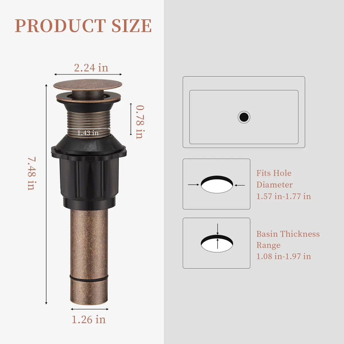 Homevacious 15/8" Bathroom Faucet Vessel Sink Pop Up Drain Assembly Stopper | Copper Finish, Heavy Brass, No Overflow - view 2