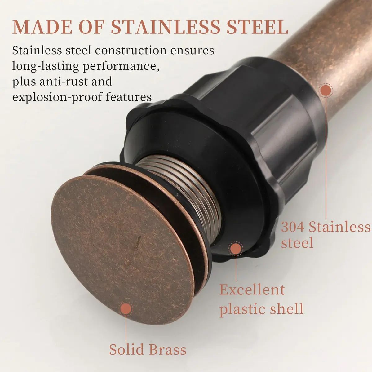 Homevacious 15/8" Bathroom Faucet Vessel Sink Pop Up Drain Assembly Stopper | Copper Finish, Heavy Brass, No Overflow - view 3