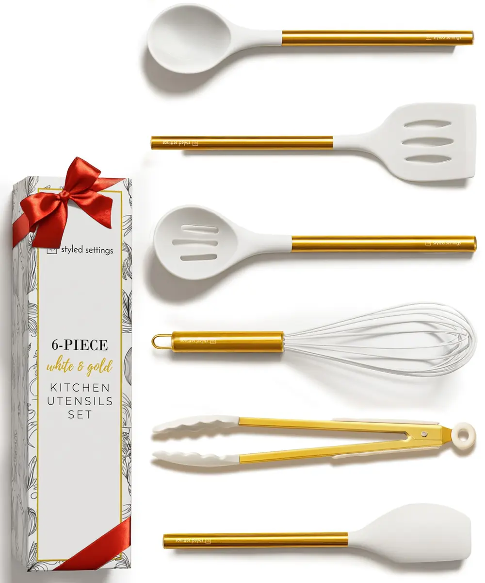 STYLED SETTINGS Gold Kitchen Utensils Set – 6 PC White Silicone and Gold Cooking Tools for Nonstick Cookware - main product image
