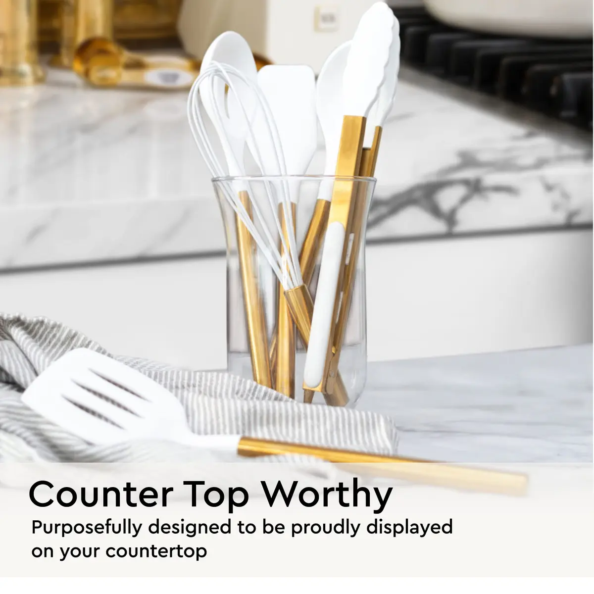 STYLED SETTINGS Gold Kitchen Utensils Set – 6 PC White Silicone and Gold Cooking Tools for Nonstick Cookware - view 5