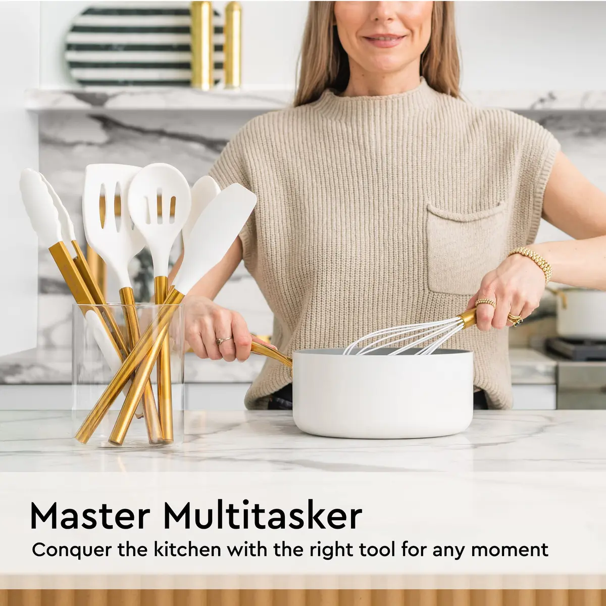STYLED SETTINGS Gold Kitchen Utensils Set – 6 PC White Silicone and Gold Cooking Tools for Nonstick Cookware - view 3