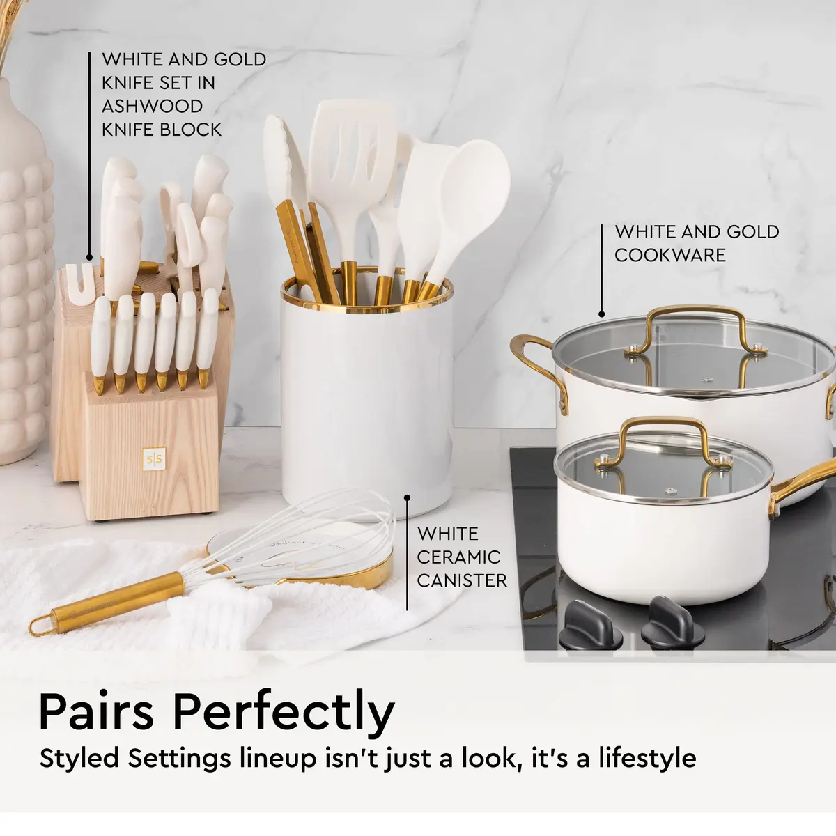 STYLED SETTINGS Gold Kitchen Utensils Set – 6 PC White Silicone and Gold Cooking Tools for Nonstick Cookware - view 4