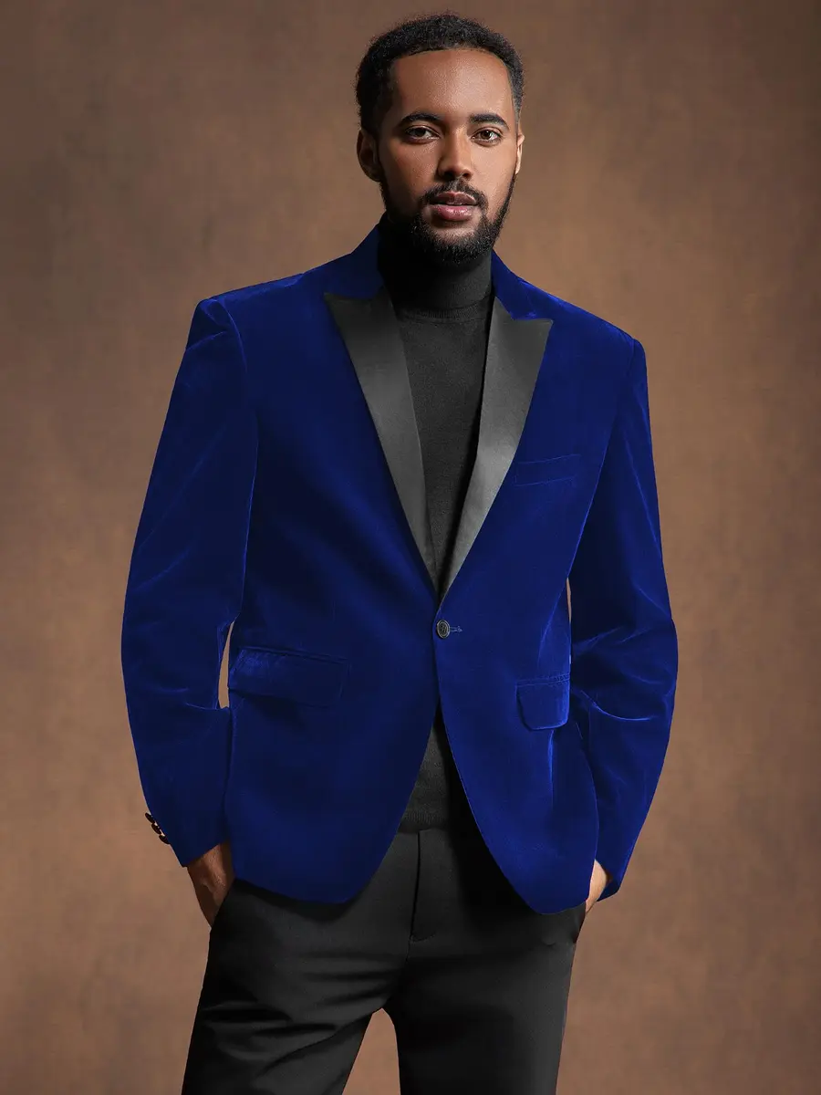MAGE MALE Men's 2 Piece Velvet Suit Peak Lapel Slim Fit Tuxedo in Blue | Party & Dinner - view 2