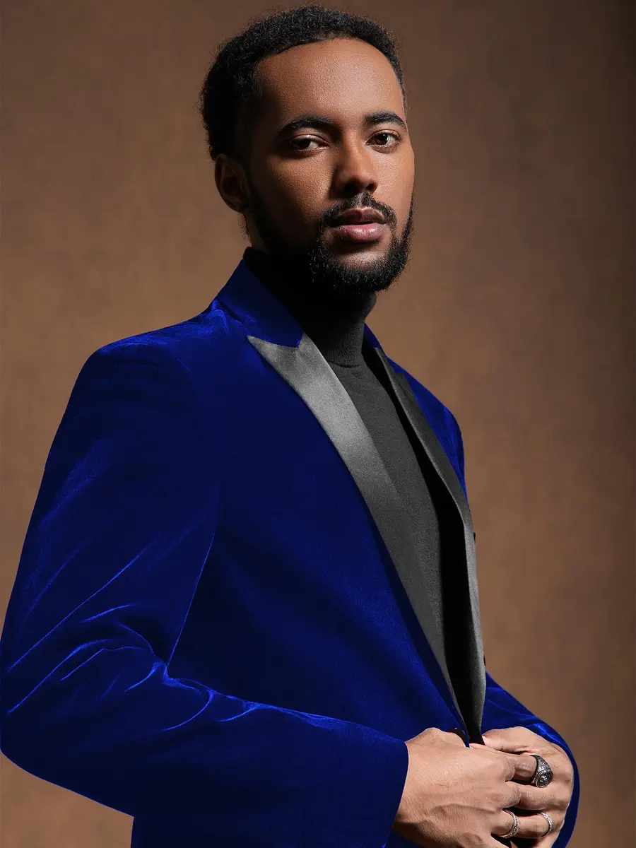 MAGE MALE Men's 2 Piece Velvet Suit Peak Lapel Slim Fit Tuxedo in Blue | Party & Dinner - view 4