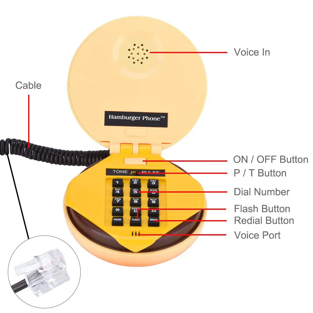 Zerone Hamburger Phone | Novelty Retro Landline with Voice Dial & Flash Function (11x11x6.5cm, 288g) - view 4