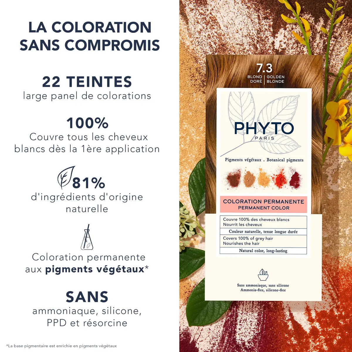 PHYTO Phytocolor Permanent Hair Color 7.3 Golden Blonde | Botanical Pigments, 100% Grey Coverage, Ammonia-Free, 0.42 oz - view 2