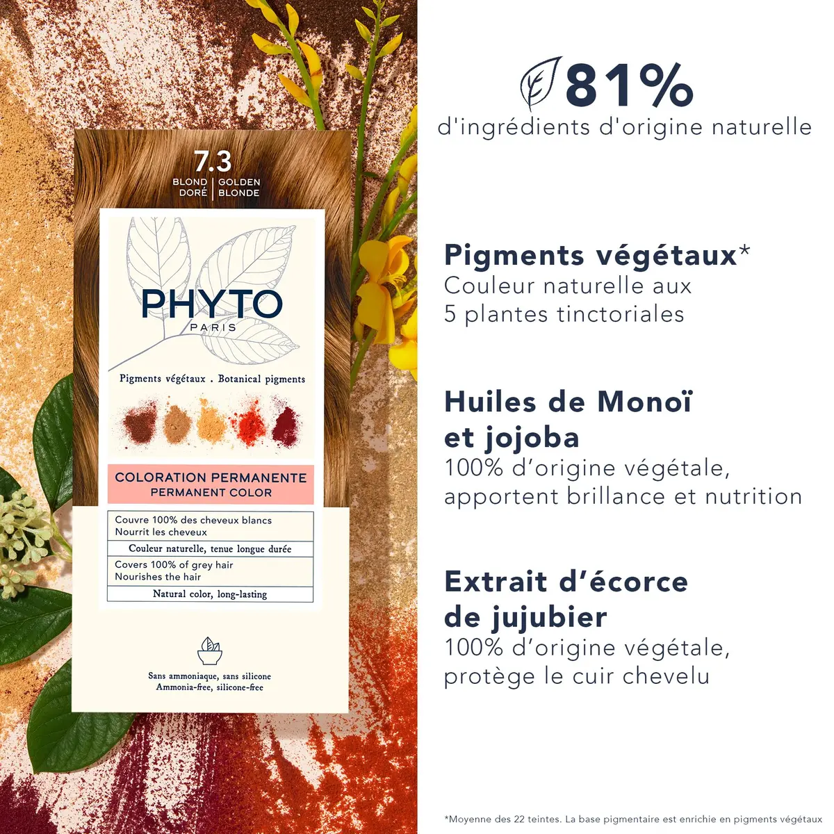 PHYTO Phytocolor Permanent Hair Color 7.3 Golden Blonde | Botanical Pigments, 100% Grey Coverage, Ammonia-Free, 0.42 oz - view 3