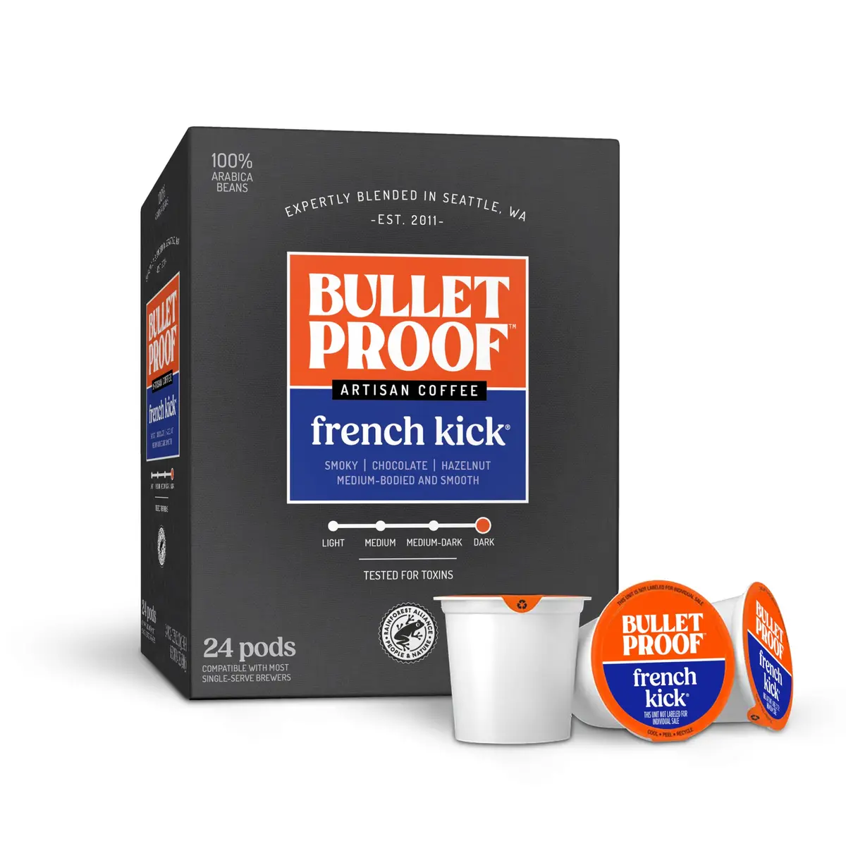 Bulletproof French Kick Dark Roast Single-Serve Pods 24 Count | Premium Coffee with Rich Smoky Flavor - main product image
