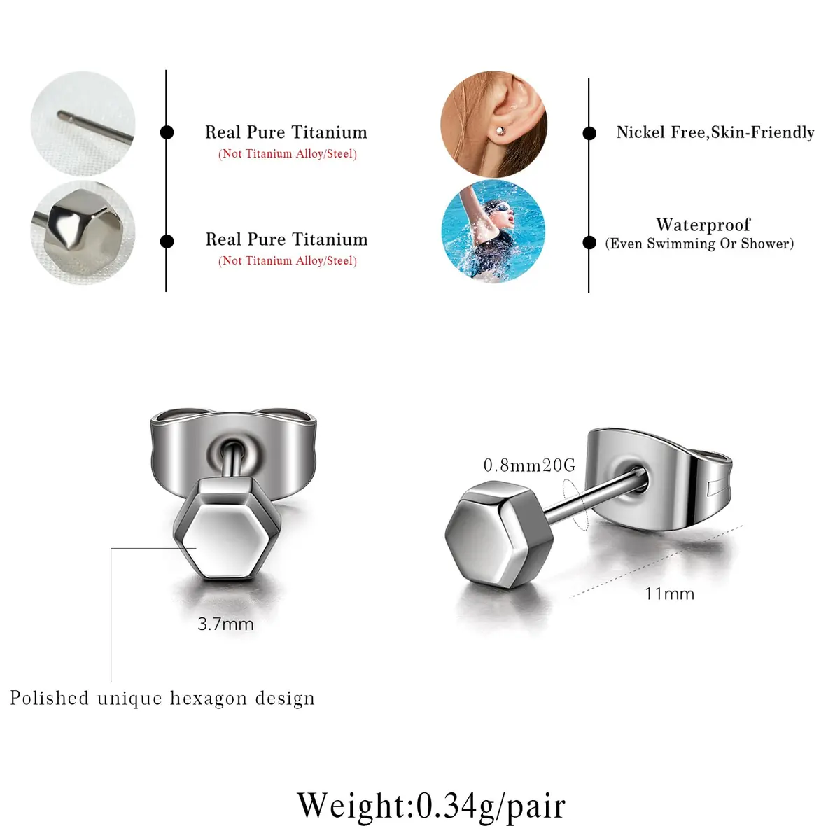 TGNEL Hexagon Stud Earrings for Sensitive Ears | 3.7mm Titanium Hypoallergenic Cartilage Helix Piercing - view 5
