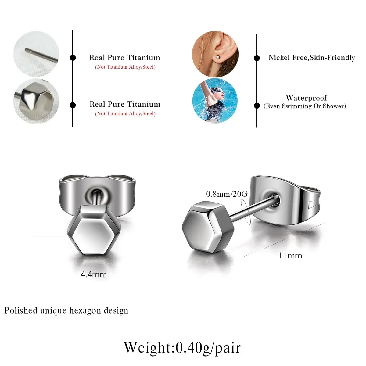 TGNEL Hexagon Stud Earrings 4.4mm | Pure Titanium Hypoallergenic for Sensitive Ears - view 5