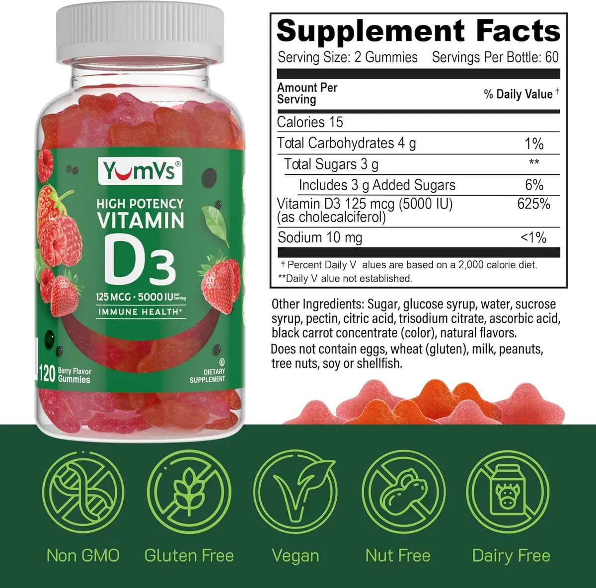 YUM-V'S Vitamin D3 Gummies 5000 IU 125mcg | Support Immune & Bone Health, Non-GMO, Gluten-Free (60 Count) - view 5